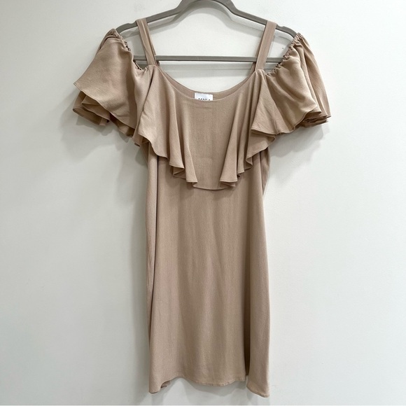 Misa Los Angeles Emil Dress in Stone Tan Taupe Ruffle Off Shoulder Size Small - Picture 3 of 10